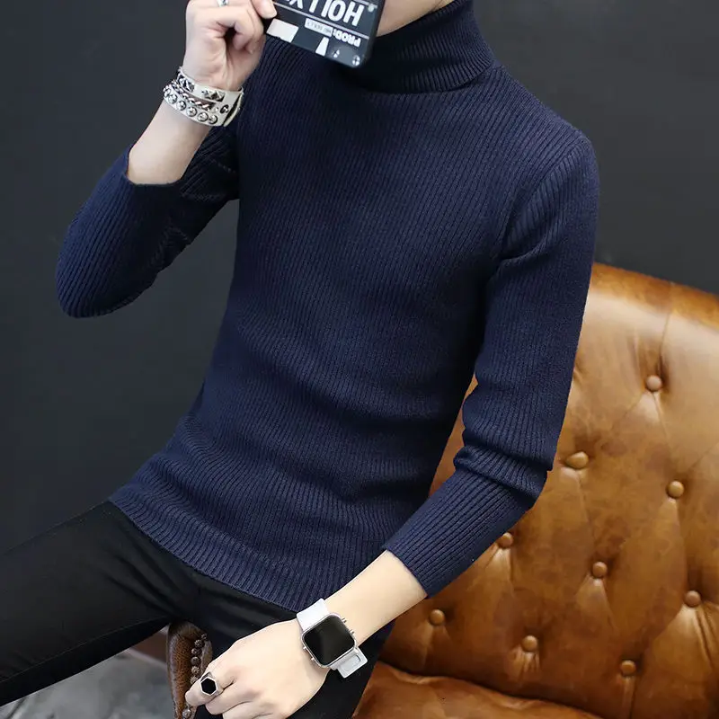 Мужская однотонная водолазка Классический облегающий свитер вязаный эластичный