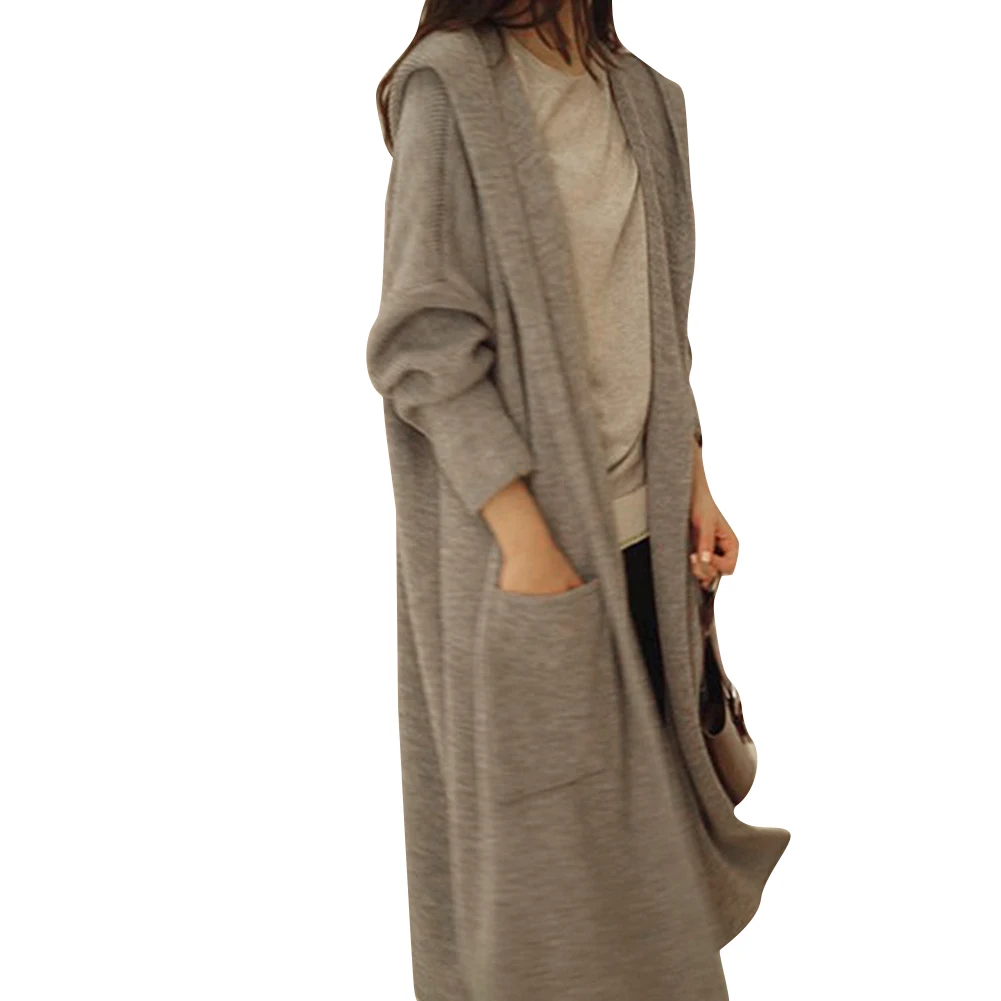 Женский однотонный осенний свитер выше колена с капюшоном Свободный кардиган |