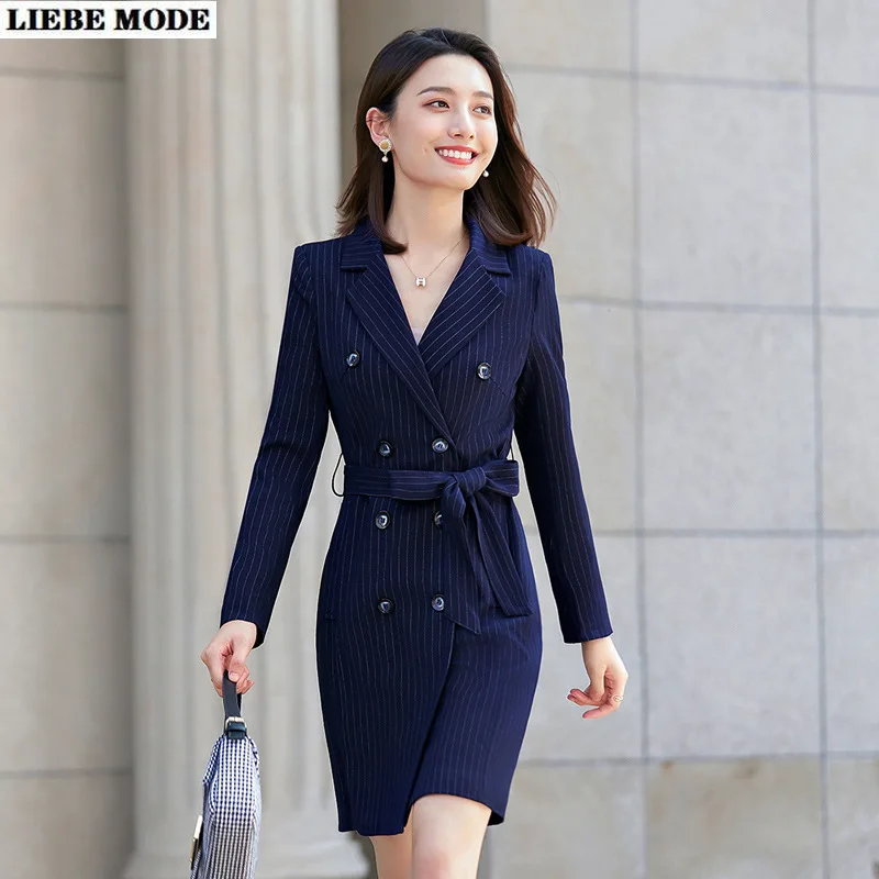 

Women's Blue Striped Formal Office Suit Jacket Full Sleeve Double Breasted Long Blazers Women Plus Size Blazer Coat with Belt