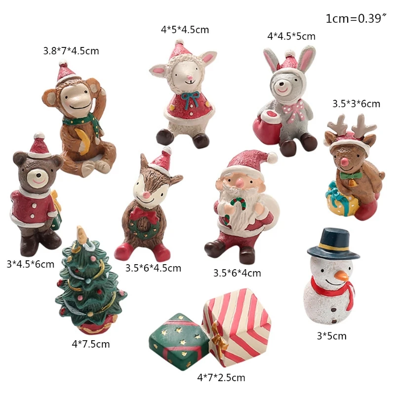 

10Pcs/Set Christmas Theme Resin Miniatures Animal Santa Xmas Tree Gift Box Figurines Fairy Garden Dollhouse Decoration