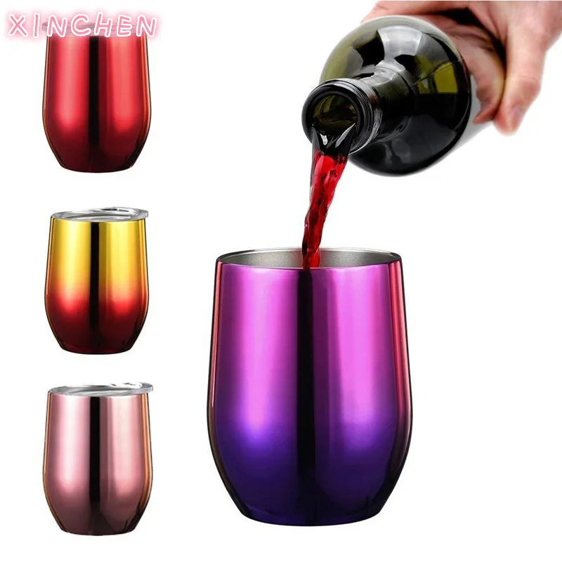 

350ml Rainbow Cup Egg Shaped Cups Wine Stainless Steel Tumbler Stemless Double Water Bottle Coffee Mugs 2 Cups Packaging