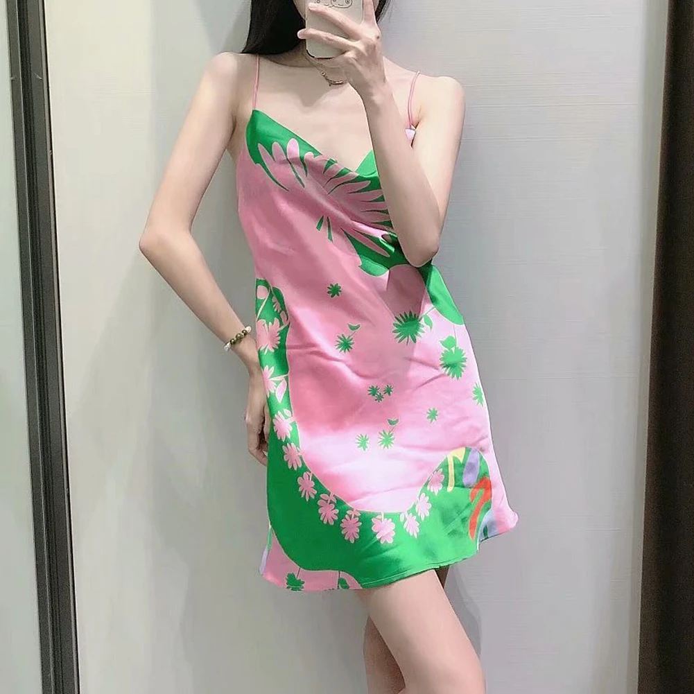 

Vintage Sling Sexy Dresses Y2K Backless Women Fashion Silk Satin Elegant New Style Sleeveless Strappy Casual With Lining Printed