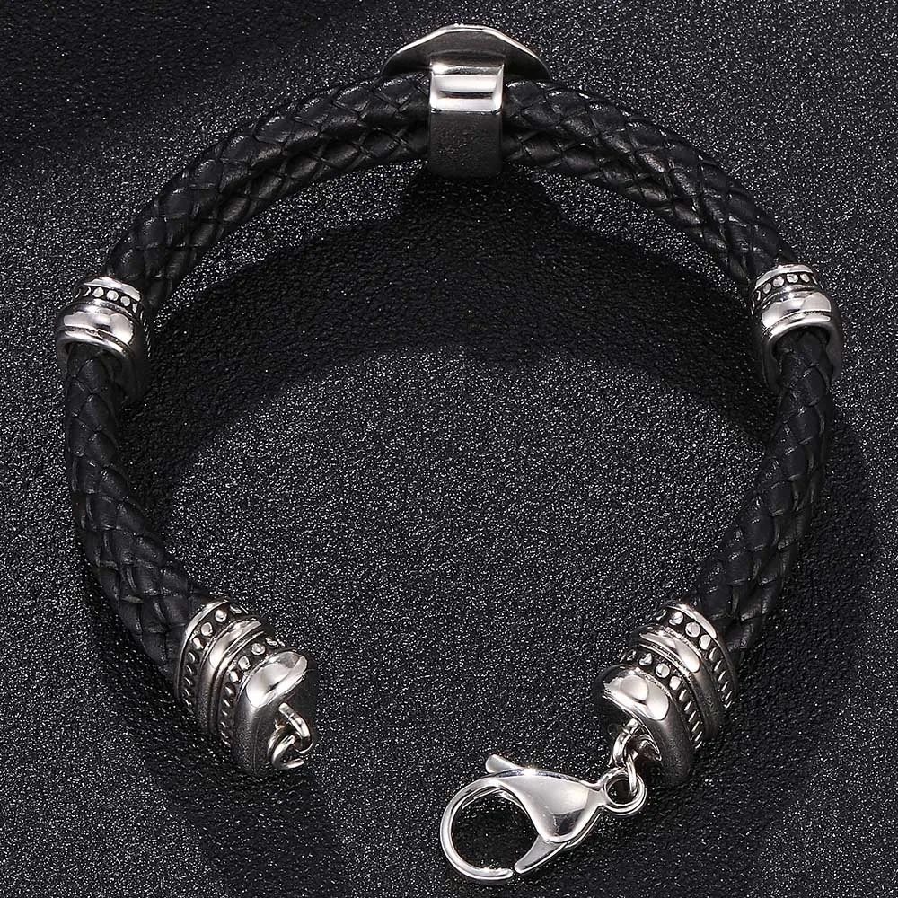 Винтаж Нержавеющая сталь Руль щит черный плетеный двухслойная кожа браслеты