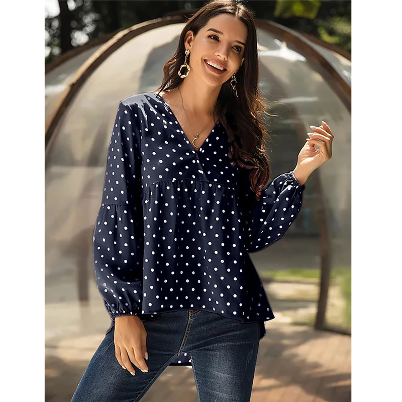 

Women's Long Sleeve Chiffon Top Casual All-match Polka Dot V-neck Lantern Sleeve Loose Pullover Top
