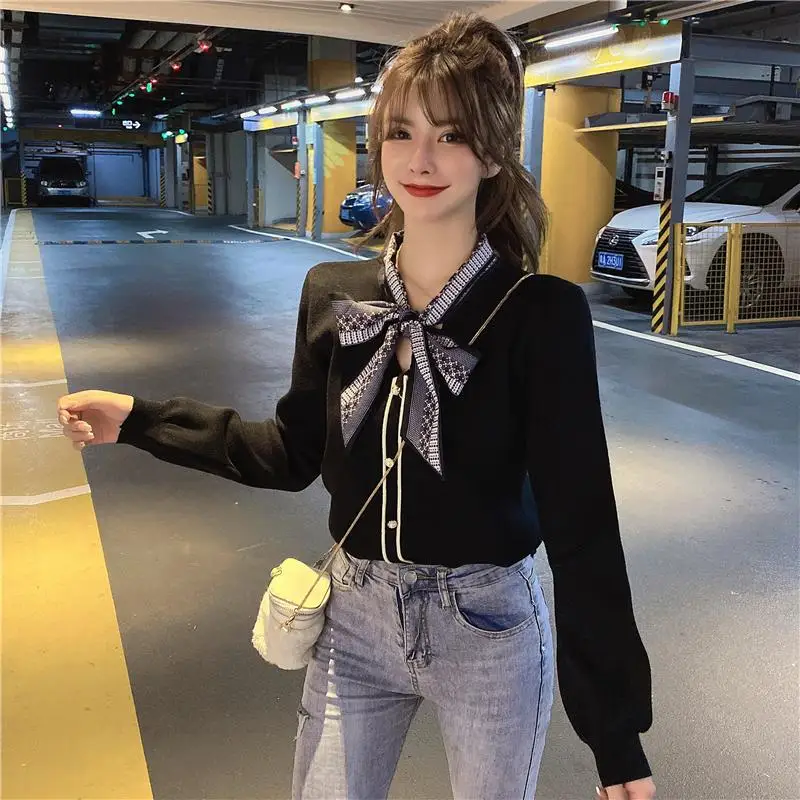

2021 autumn and winter new women's knit sweater top loose long-sleeved slim-fitting commuter bowknot cardigan jacket sweater