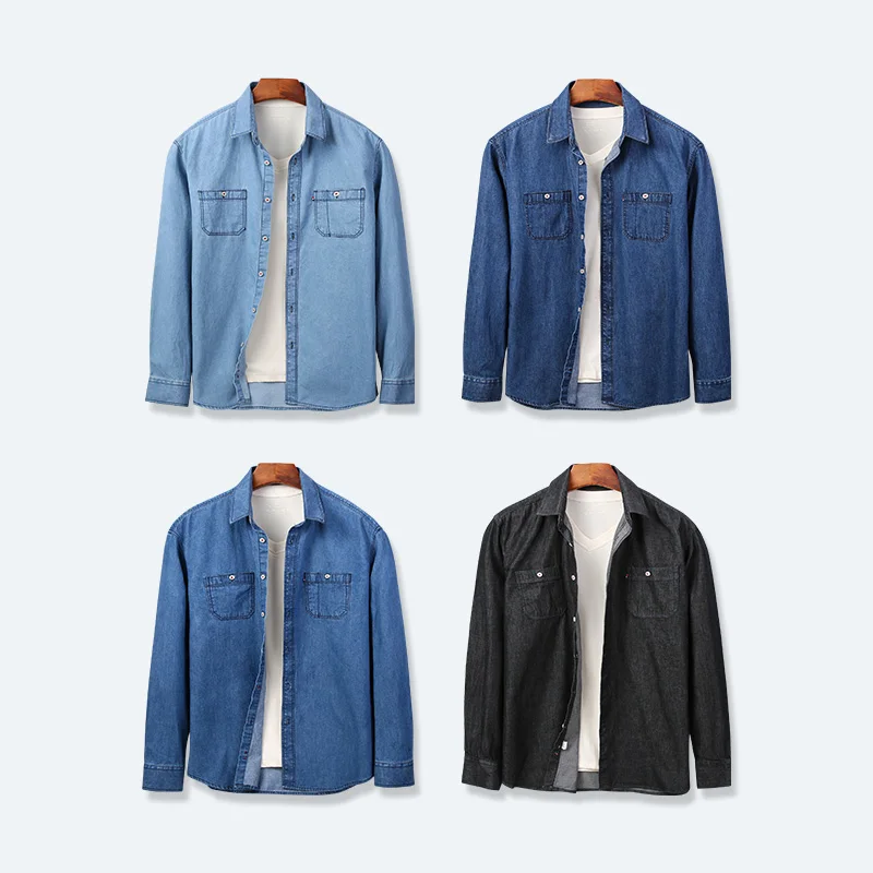 

Джинсовая рубашка для мужчин, Хлопковая сорочка с длинным рукавом, на пуговицах, с передним карманом, Повседневная Уличная одежда, притален...