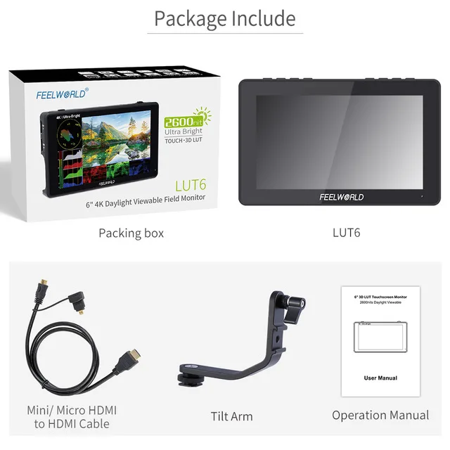 

FEELWORLD LUT6 6 Inch IPS 2600nits 3D LUT HDR Touch Screen Camera Field Monitor with Waveform Vector Scope for DSLR Cameras