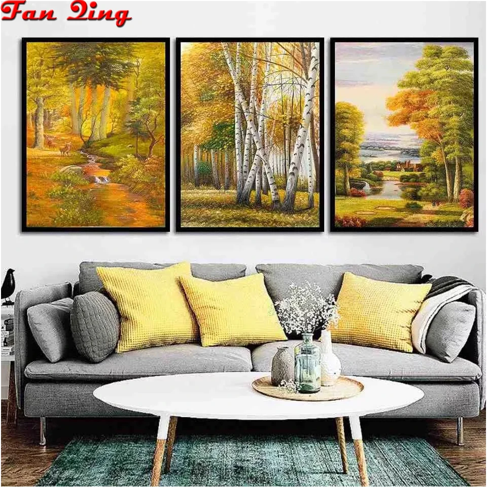 

3 Pcs Diamond Painting Autumn Forest Natural Scenery Full Square Round 5D Rhinestone Embroidery Cross Stitch Mosaic Home Decor