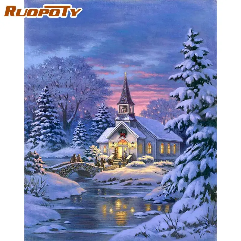 

RUOPOTY Christmas Snowy Night Landscape Painting By Numbers Kits For Adults Diy Oil Paints Acrylic Pigment Drawing Home Artcraft