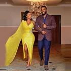 Блестящее желтое платье-Русалка для выпускного вечера на одно плечо с бретельками спереди с разрезами кристаллами и бисером на талии Aso Ebi размера плюс вечернее платье