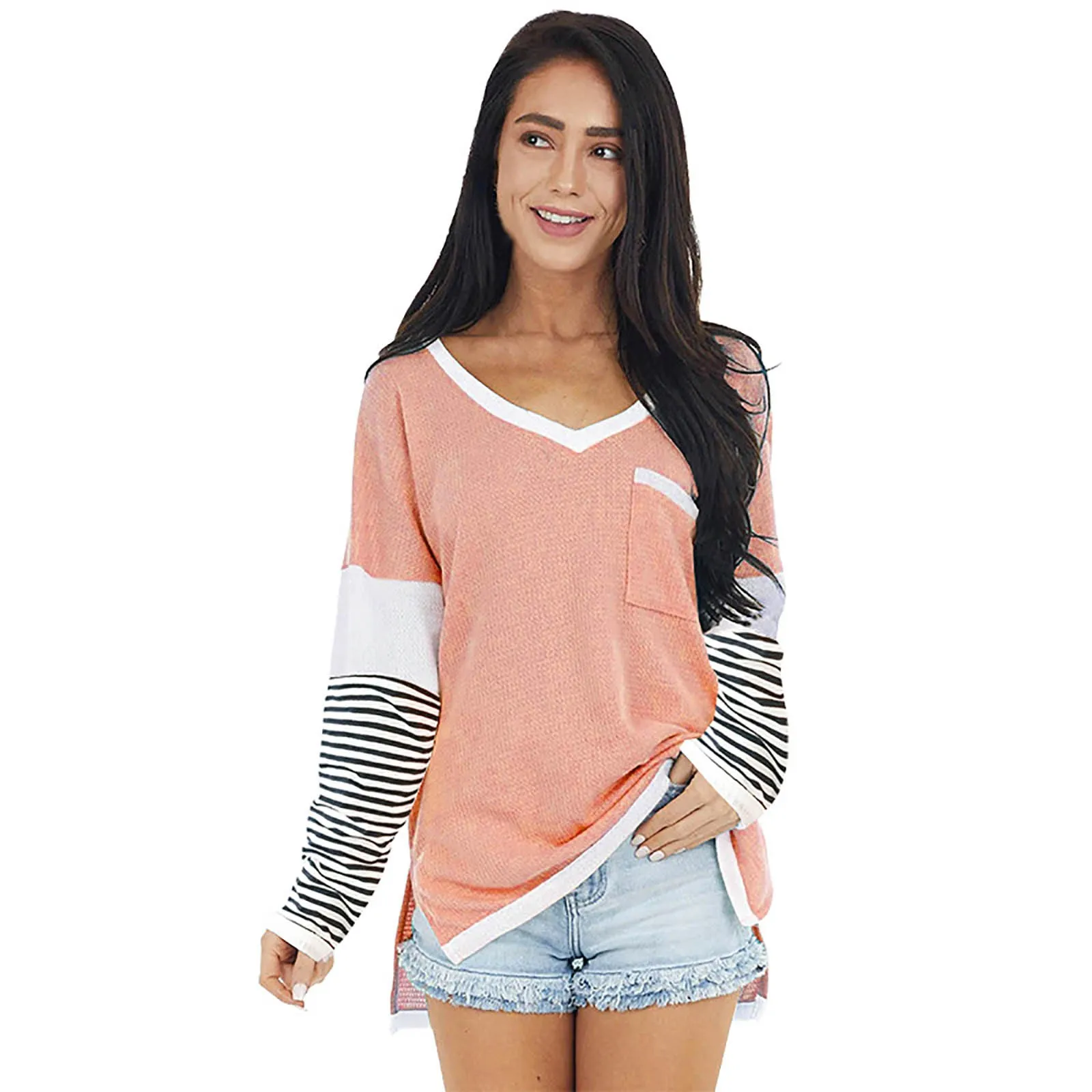 

Loose V Neck Woman Tshirts Long Sleeved Graphic Tees Stitching Striped Casual Women's Irregular Plus Size Vintage Autumn Top 4