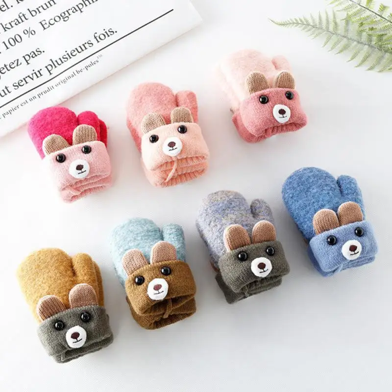

New 0-3 Years Old Cute Bear Cartoon Baby Gloves 7 Colors Warm Rope Full Finger Mittens Gloves Hanging Neck Glove For Kids