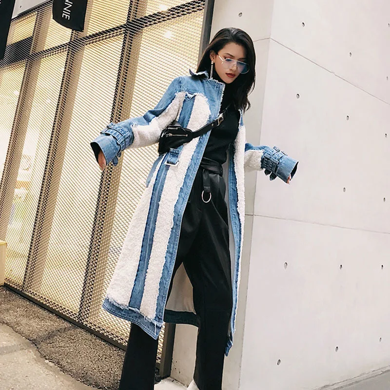 TWOTWINSTYLE Hit Color Patchwork Denim Tassel Trench Coats For Women Lapel Collar High Waist Sashes Windbreakers Autumn New