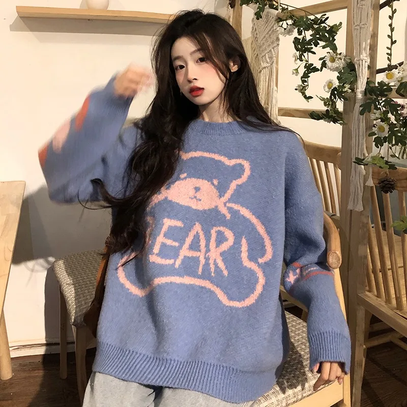 

Женский свитер, новинка 2021, корейский модный универсальный свитер свободного кроя с круглым вырезом и принтом медведя из мультфильма, повсе...