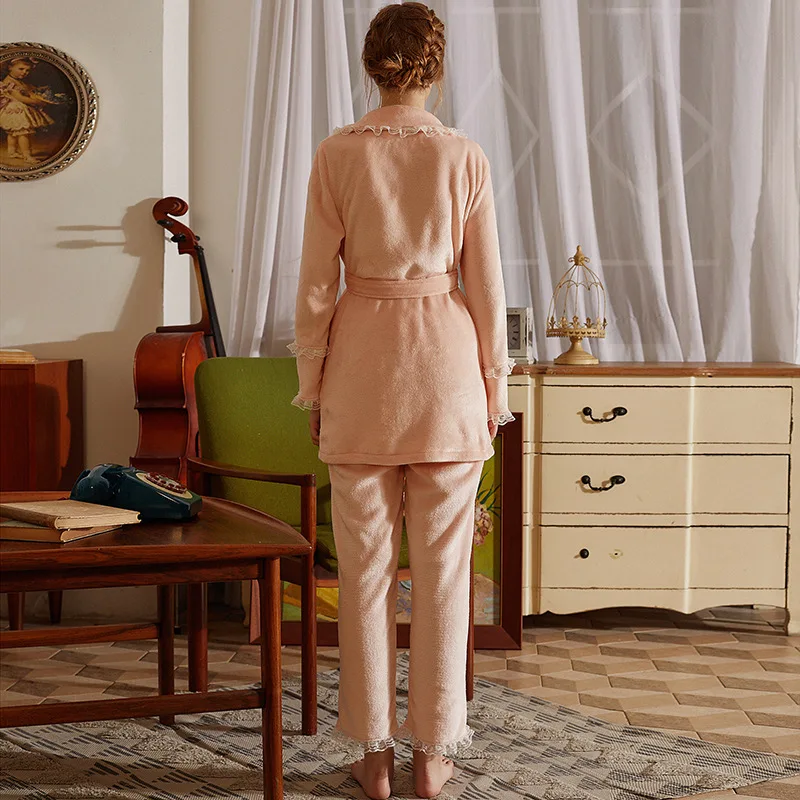 Roseheart New Winter Pink Women's Sleep Nightwear Suits Pajama Sets Sleepwear Suits Flannel Plus Size Nightgown 2 Pieces S M L