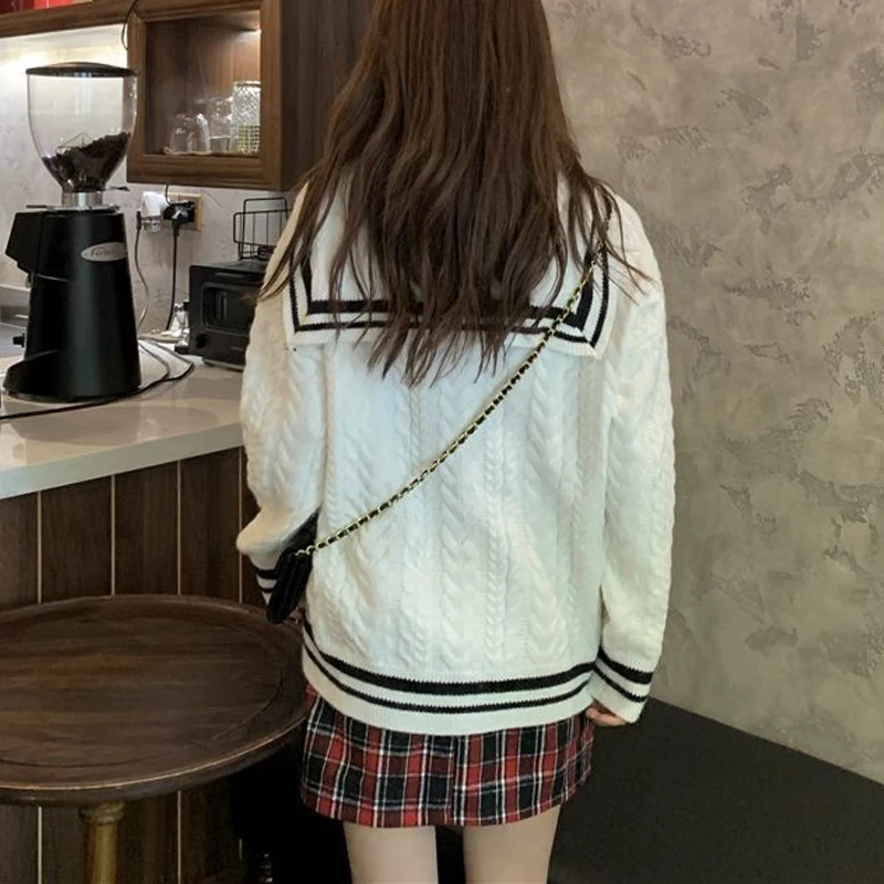 

Sweaters Japanese Preppy Style Women Navy collar Knitted Stripe Sweater Pullovers Kawaii Vintage Loose Knitting Twist Tops