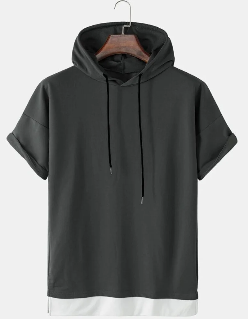 

Hot Sale Men's Spring Autumn New Solid Color Stitching Hooded Mid-sleeve Men's Sweatshirt Fashion Hoodie Men