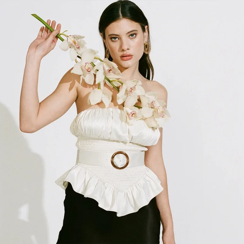 Весна лето 2020 женские шелковые блузки без рукавов с открытыми плечами OL белые