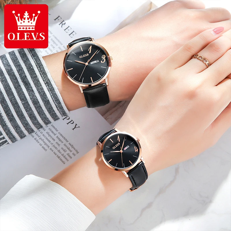 OLEVS 2021 New Ladies Fashion Casual Waterproof Breathable Leather Quartz Watches Alloy Case Men's And Women Watch Couple