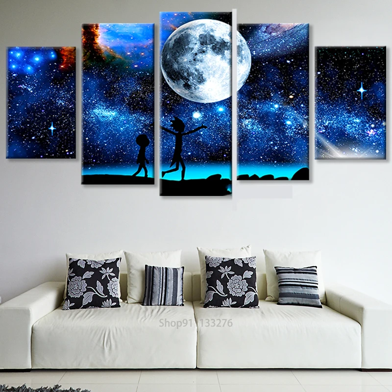 

No Framed Canvas 5Pcs Starry Sky Moon Night Cartoon Wall Art Posters Pictures Home Decor Accessories For Living Room Paintings