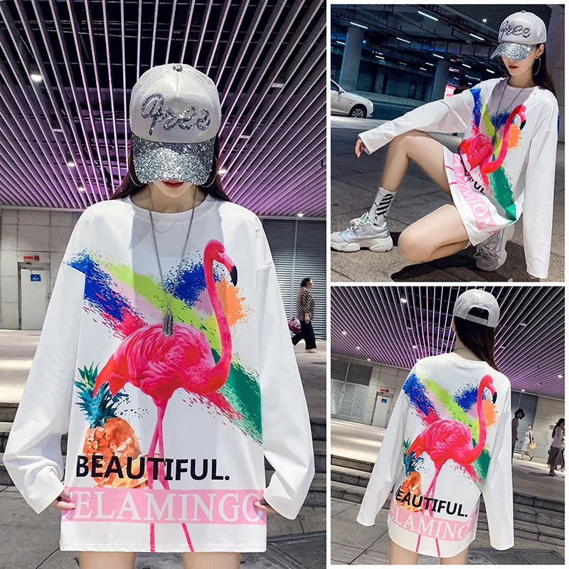 Женская футболка с принтом животных QING MO белая Повседневная Свободная длинным