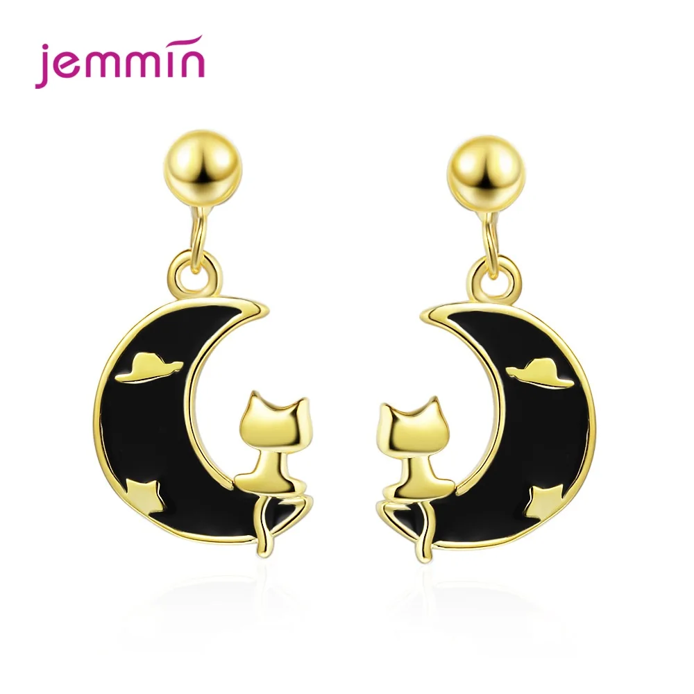 

Lovely Cat Dangle Earrings Real 925 Sterling Silver Big Black Grade Enamel Craft Moon Design Women Silver Earring Newest Jewelry