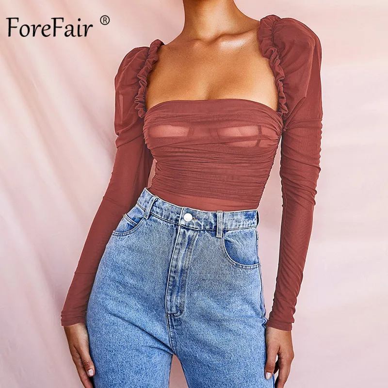 Женское Сетчатое боди с длинным рукавом Forefair Клубное облегающее квадратным