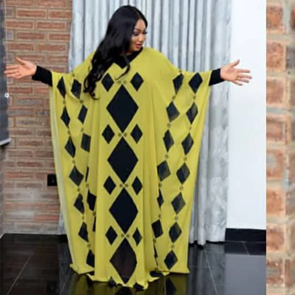 

BAT Sleeve Chiffon Diamonds African Dresses Women Dashiki Loose Africa Clothes Bazin Riche Long Maxi Dress Traditional Clothing