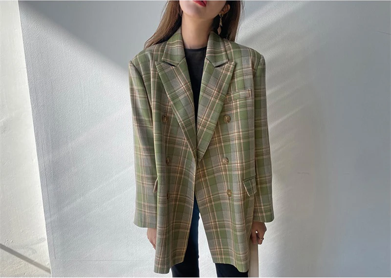 

WFFRetro loose women's plaid coat spring and autumn chic double breasted women's long sleeve suit coat fashion women's coat