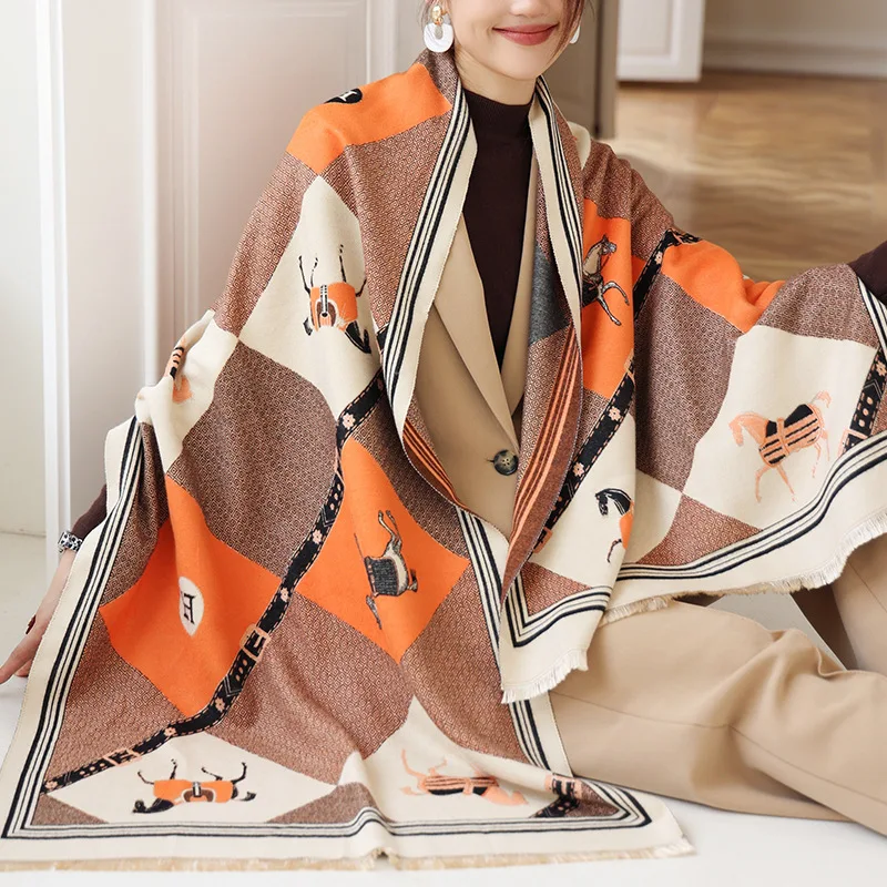

New Woman Fashion European And American Style Retro Horse Printing Imitation Cashmere Shawl Multifunction Decorate Warm Scarf