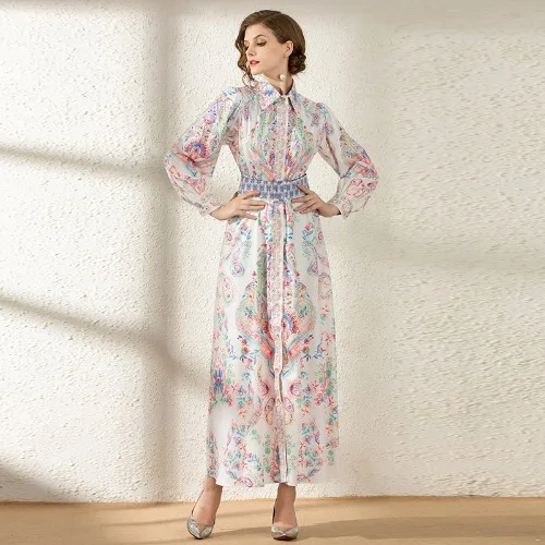 

High Quality Runway Designer long Sleeve Figure Print Elegant Casual Maxi Split Long Dress Women Noble Vestido Dresses Luxury