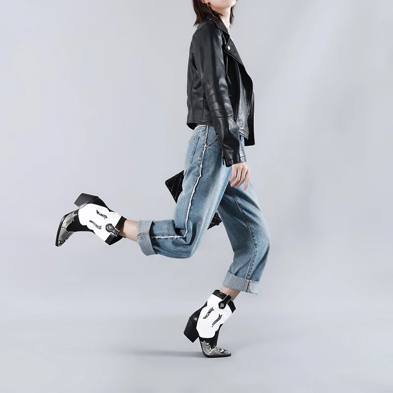 Женские ковбойские ботинки из ПУ кожи со змеиным принтом|Женские полусапожки| |