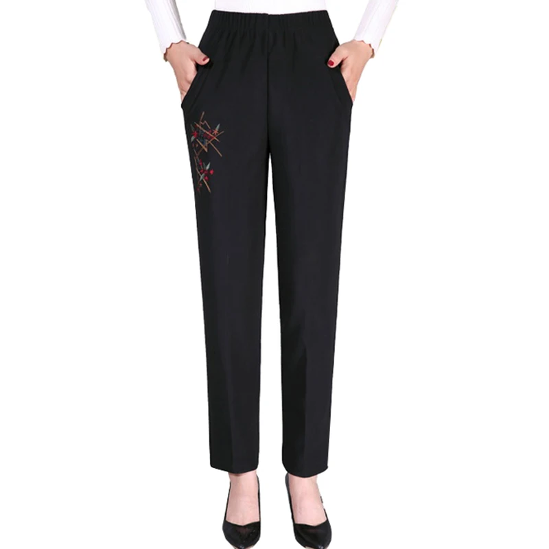 

Autumn Middle-aged Women Trousers Embroidery Elastic Waist Casual Pants Loose Large size Straight Pants Plus Velvet Winter Pants