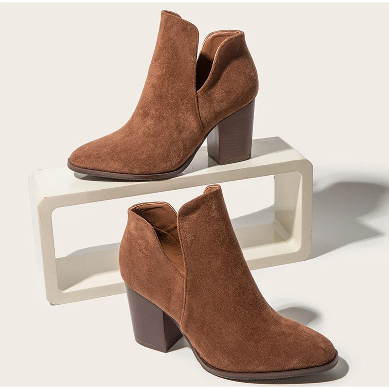 

Женские замшевые ботильоны на квадратном каблуке, женские туфли-лодочки с острым носком, закрытые ботильоны для женщин, осенние женские бот...