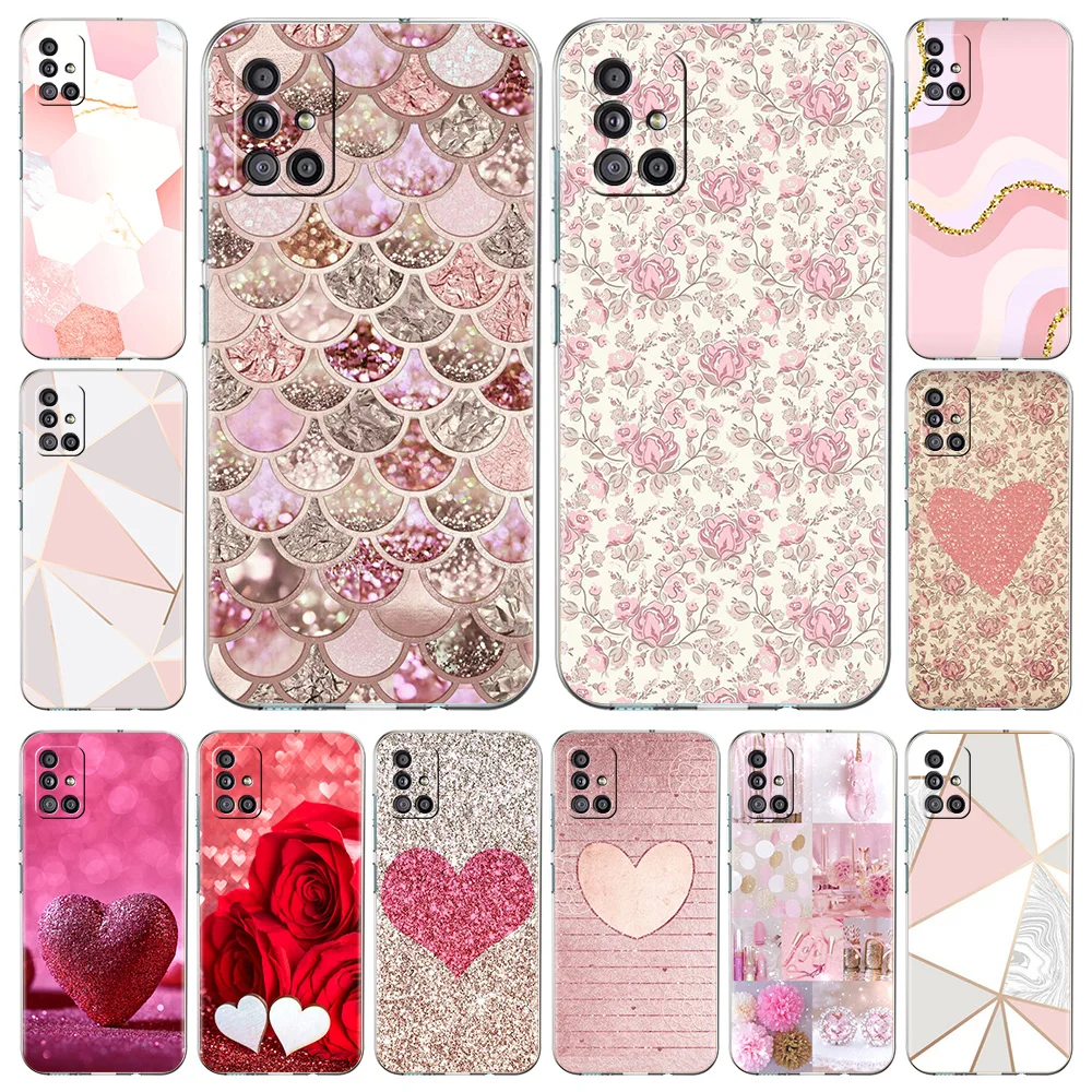 

Gold Pink Rose Glitter Hearts Phone Case For Samsung Galaxy A51 A71 A21S A12 A11 A31 A41 A52 A32 5G A72 A01 A50 A70 Clear Cover