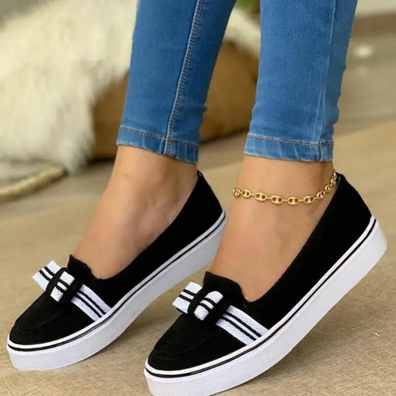 

Women's Solid Color PU Ribbon Decoration Round Toe Flat Heel Platform Comfortable Fashion Casual All-match Loafers