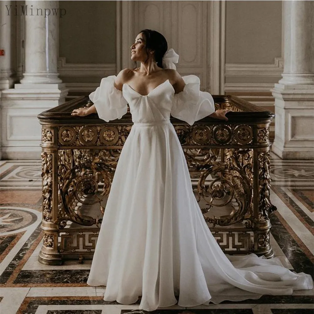 

YiMinpwp Romantic Wedding Dresses for Bride with Lantern Sleeve Off Shoulder Sweep Train Organza Bridal Gown vestidos de novia