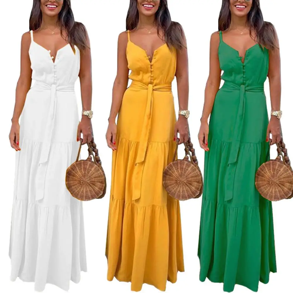 

Plus Size Summer Sexy Women Maxi Dress Bohemian Sleeveless Dresses Women V-neck Solid Sleeveless Belted Maxi Dress vestido maxi