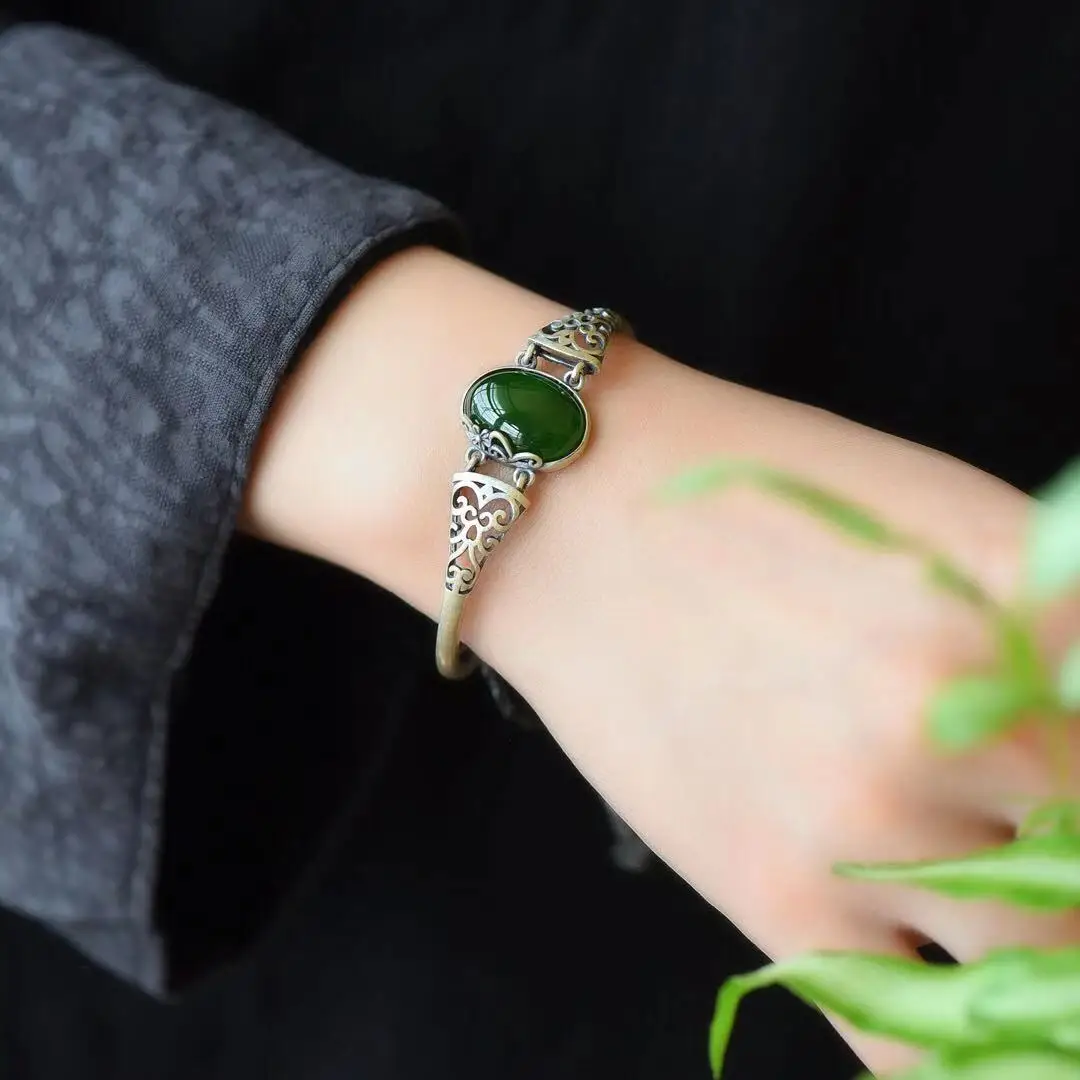 

Natural 925 Silver Inlaid Hetian Jade Egg Noodle Bracelet