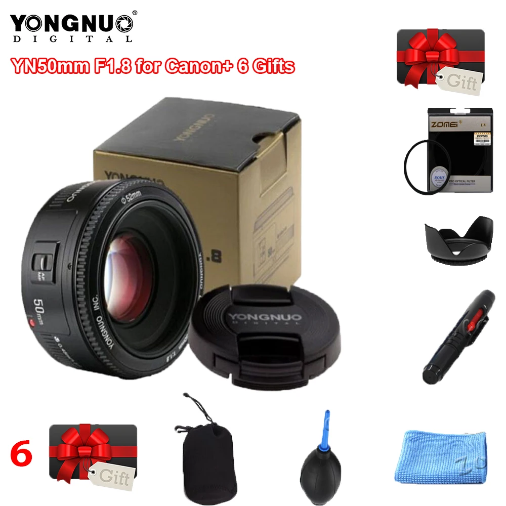 Объектив YONGNUO YN50mm YN50 F1.8 EF EOS 50 мм AF MF для камеры Canon Rebel T6 700D 750D 800D 5D 5D2 5D3 Mark II IV 10D