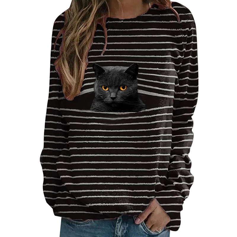 

Женская футболка с длинным рукавом, круглым вырезом и принтом кошки