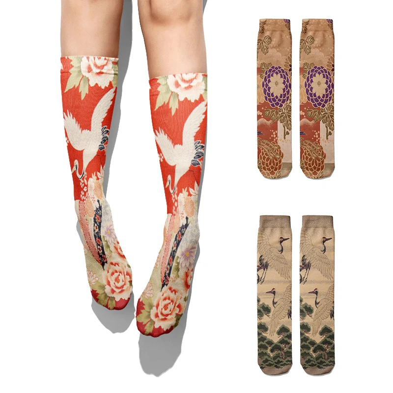 Носки женские хлопковые с традиционным японским рисунком Повседневные высокие