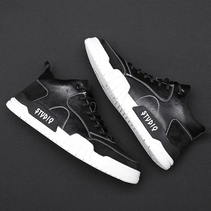 

2021 Brand New High End Men Leather Casual Shoes Spring Autumn Trend High Tops Leisure Flat Shoes Cool Loafers 2 Colors
