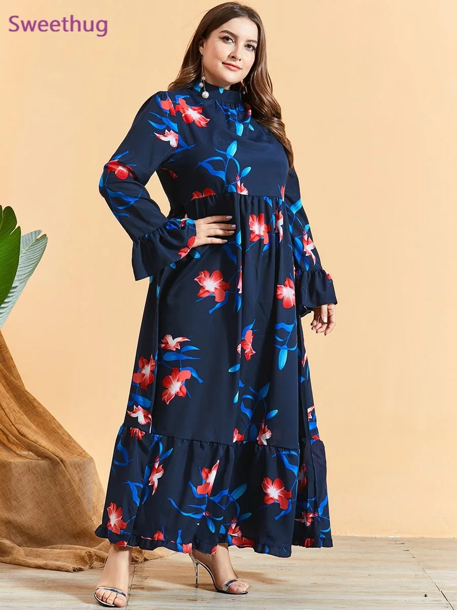 

2021 Spring Autumn Blue Floral Maxi Dress for Women Elegant Stand Collar Flare Long Sleeve Empire Swing Muslim Arabic Clothes