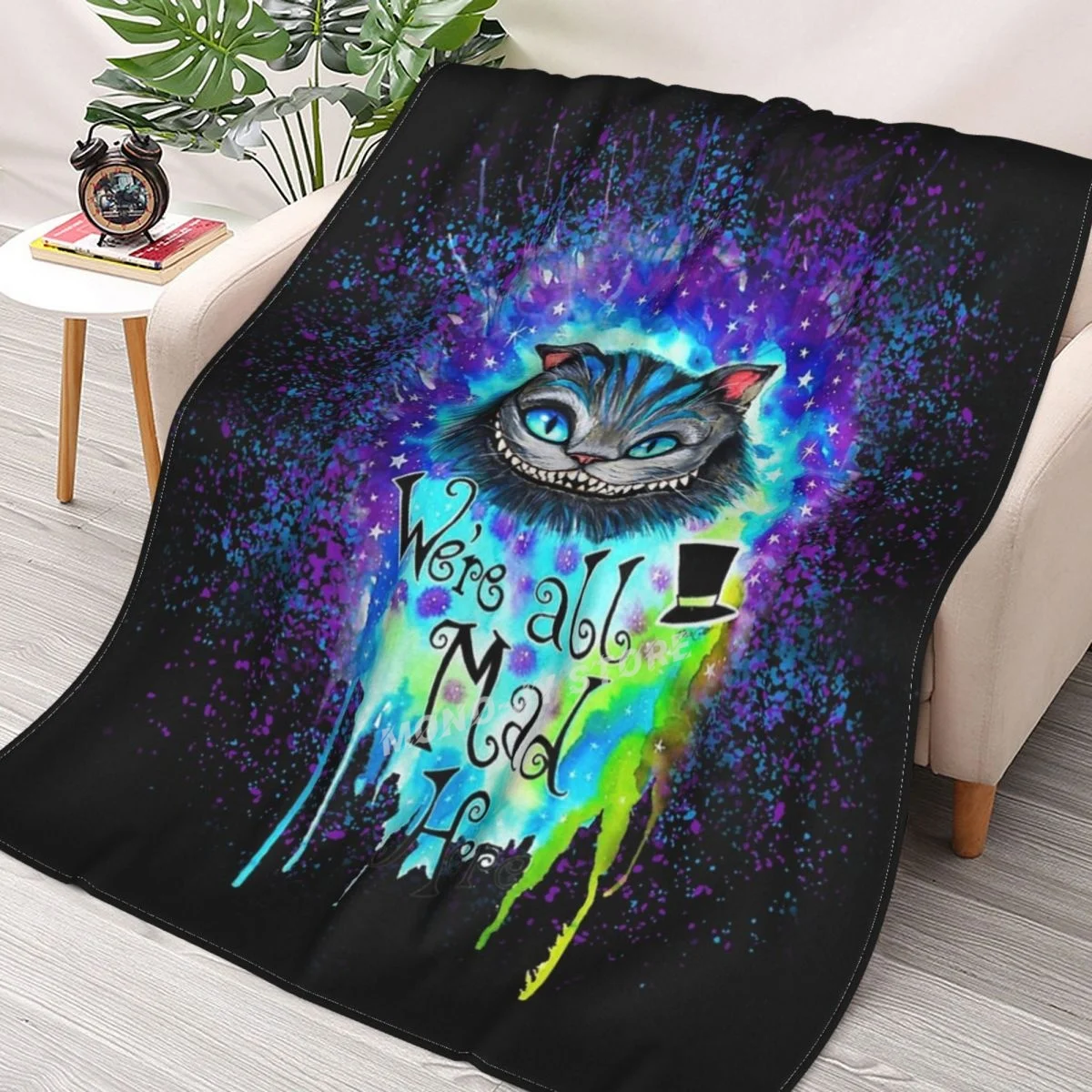 

Watercolor Cheshire Cat Were All Mad Here Nebula T-shirt Vintage Men Gift Tee Throw Blanket Sherpa Blanket Bedding soft Blankets