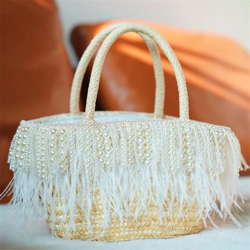 Ostrich Feather Large Capacity Women Tote Bag Summer Handmade Pearls Beaded Tassels Woven Straw Handbags Bohemia Bolso Mujer