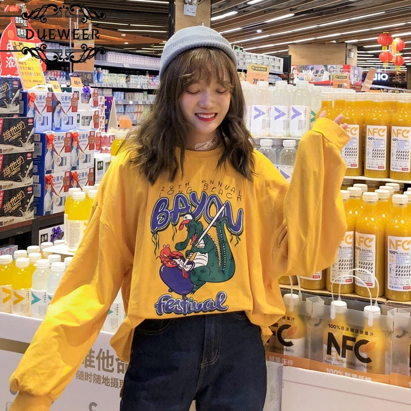 

DUEWEER T-shirts Women Cartoon Kawaii Oversize Long Sleeve Printed O-Neck Letter Leisure All-match Korean Lovely Tees