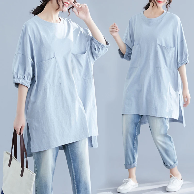 

Long Pocket Solid Women T-Shirts 2020 Summer New Half Sleeved Loose Casual All Match Female Pulls Tops Tees
