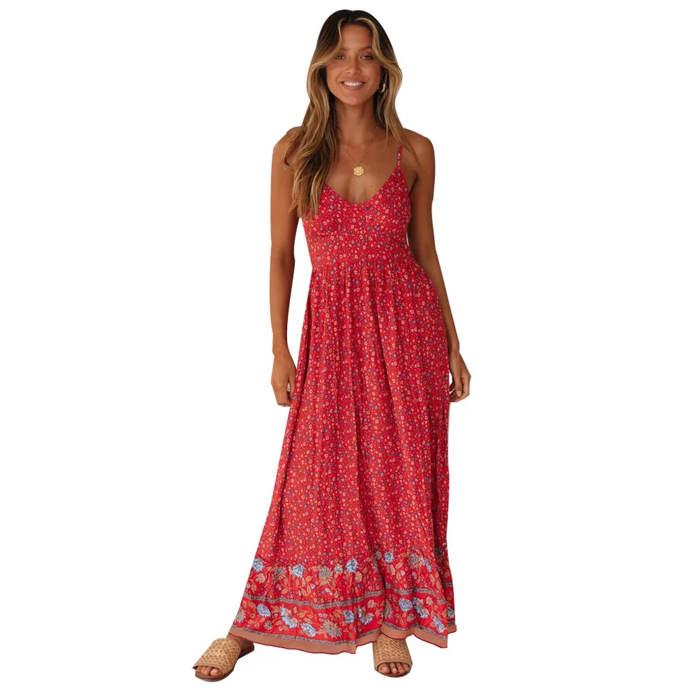 

Woman Dress Summer 2021 Sleeveless Bohemian A-LINE Spaghetti Strap V-Neck Print Dresses Floral Sexy Party Dress