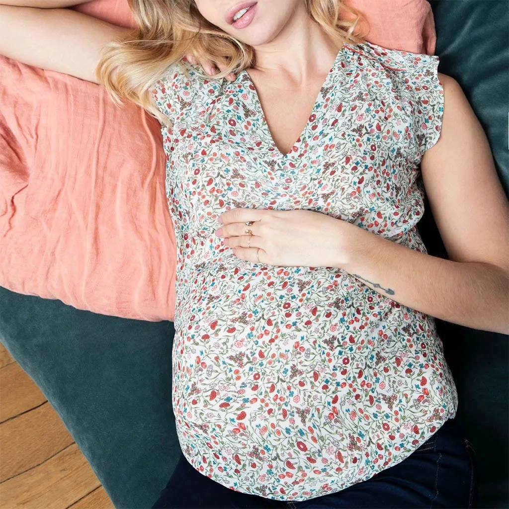 Цветочная одежда без рукавов для беременных летняя рубашка с оборками